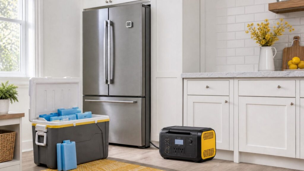 Refrigerator, freezer, cooler, ice packs, and portable power station prepared for an outage