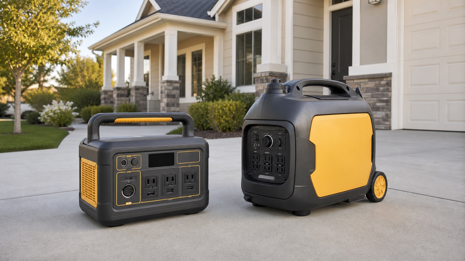 Portable power station and enclosed inverter generator compared on a bright residential driveway