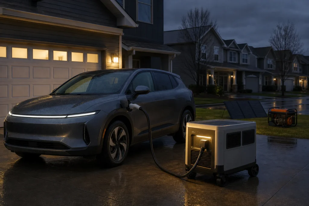 Electric vehicle connected to a large portable power station outside a suburban home