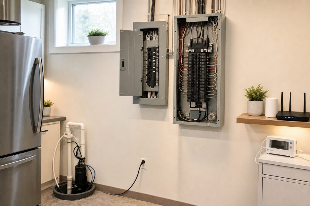 Residential essential-load electrical panels beside a refrigerator, sump pump, router, and medical device