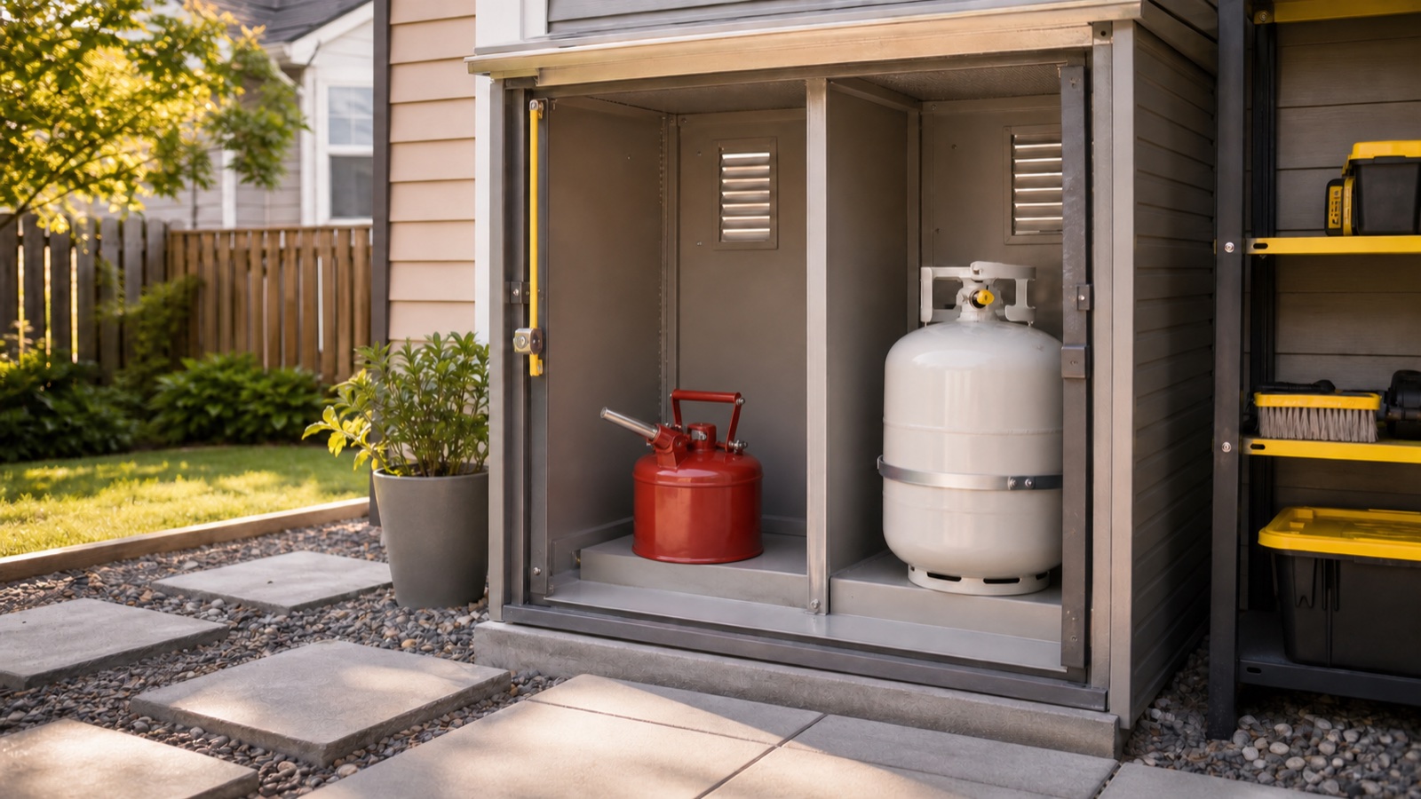 Approved gasoline safety can and upright propane cylinder in ventilated outdoor storage