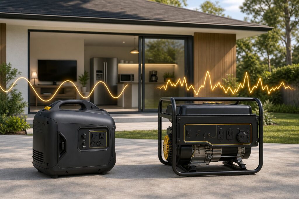 Inverter and open-frame generators illustrating clean and distorted electrical power