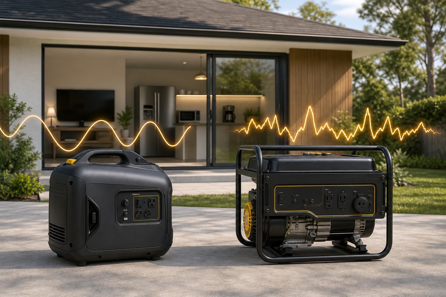 Inverter and open-frame generators illustrating clean and distorted electrical power
