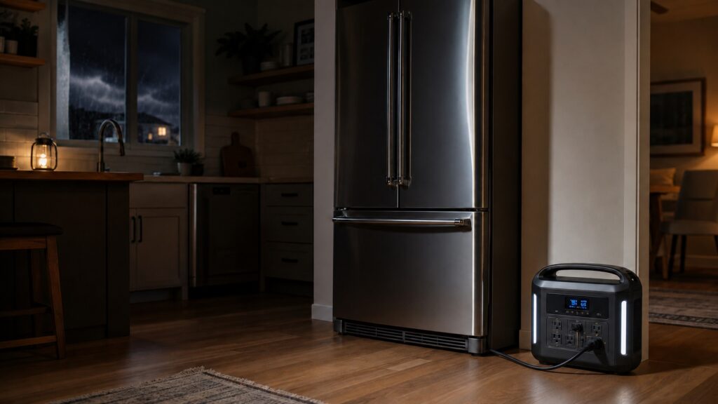 A portable power station running a refrigerator