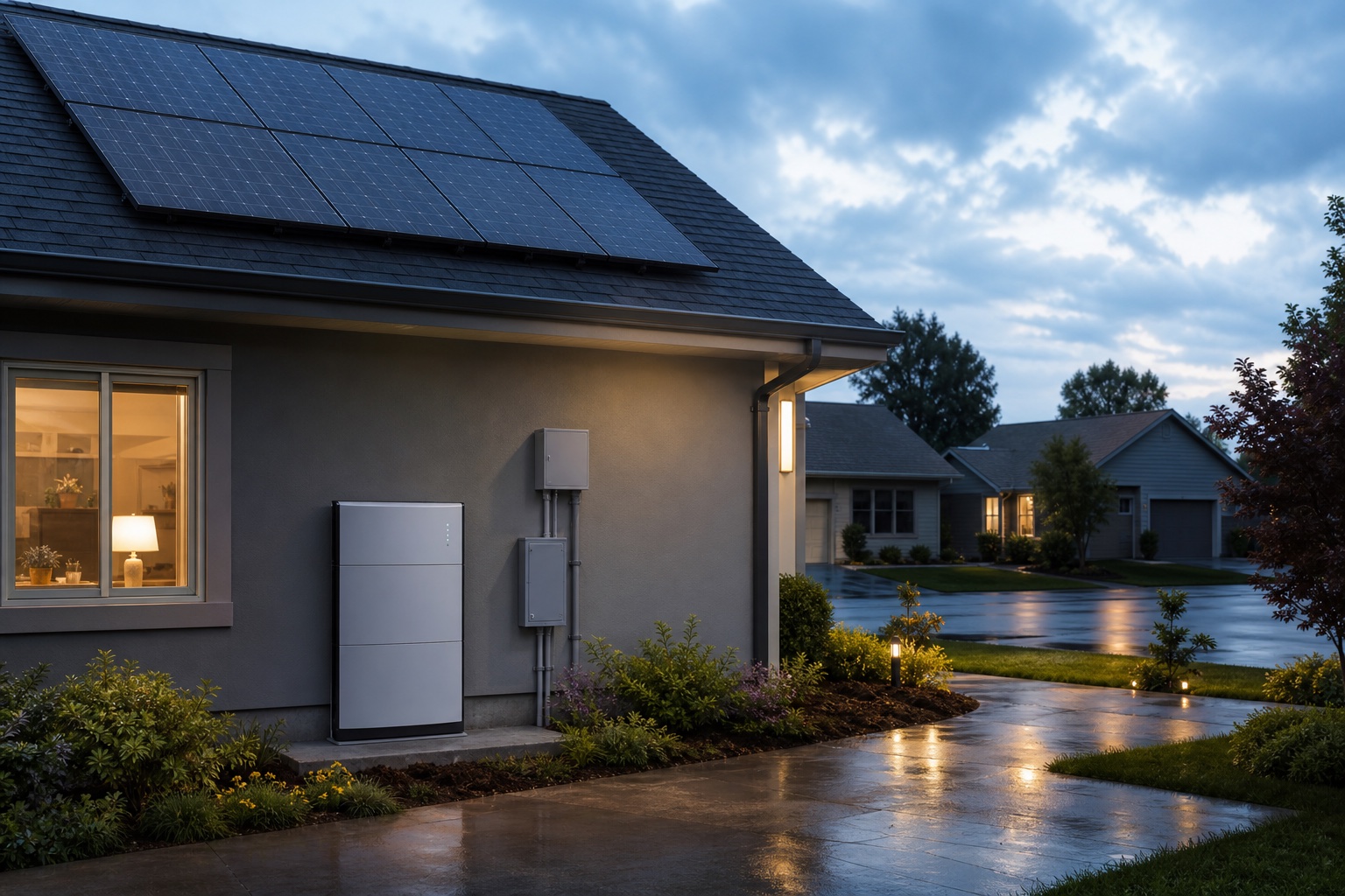 Solar-powered home with battery storage during a neighborhood power outage