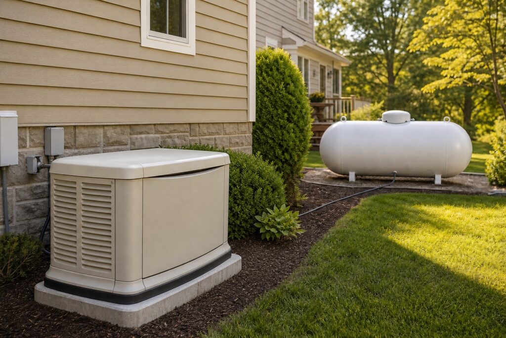 Home standby generator connected to a large residential propane tank