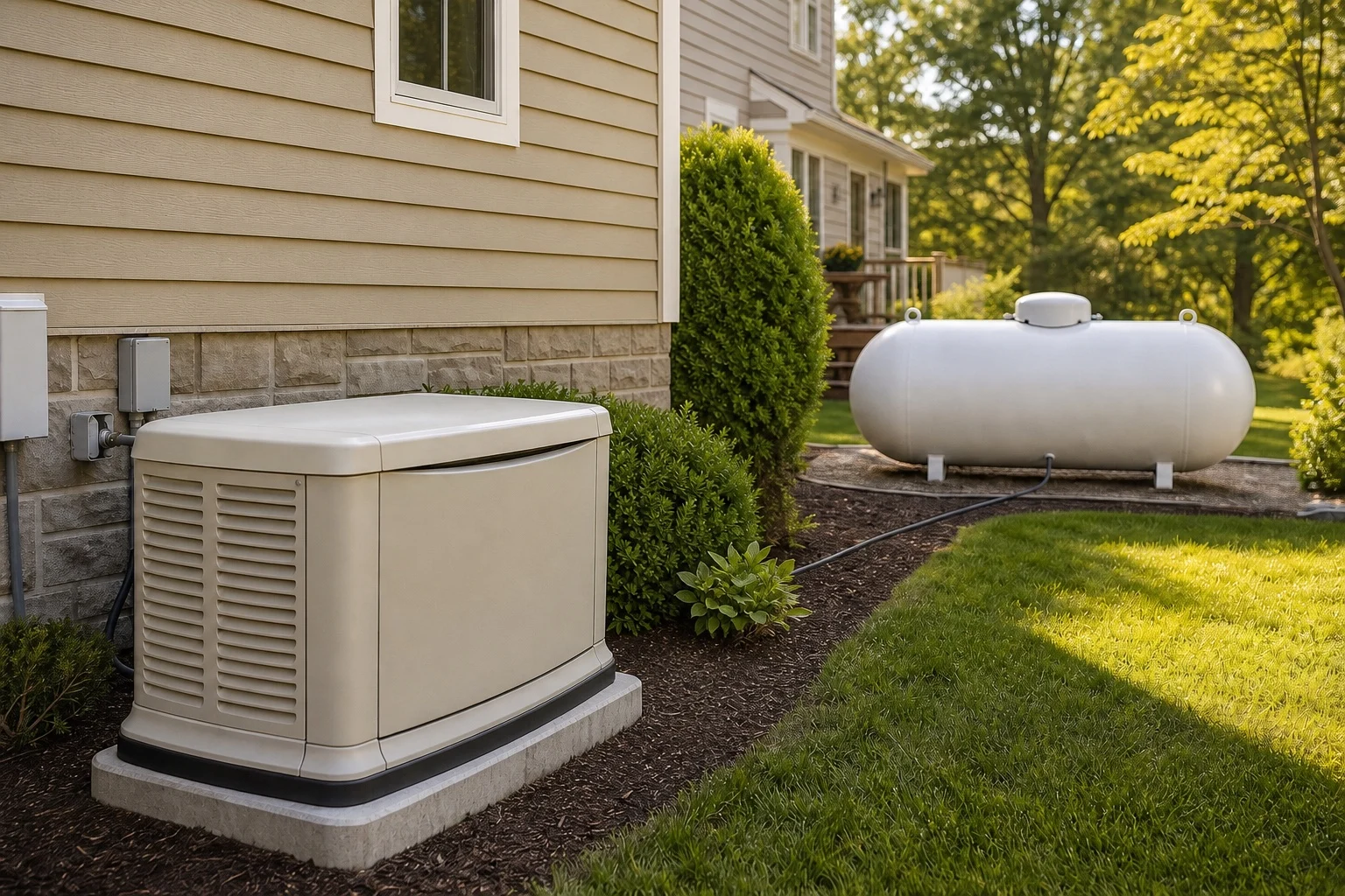 Home standby generator connected to a large residential propane tank