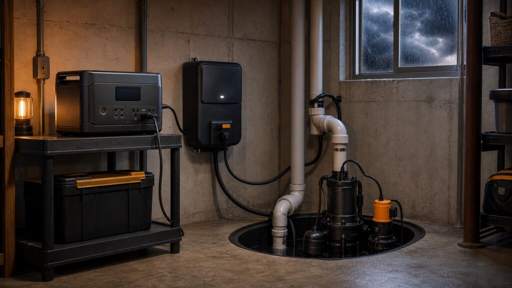 Sump pump connected to backup battery power in a dry basement during a storm