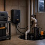 Sump pump connected to backup battery power in a dry basement during a storm