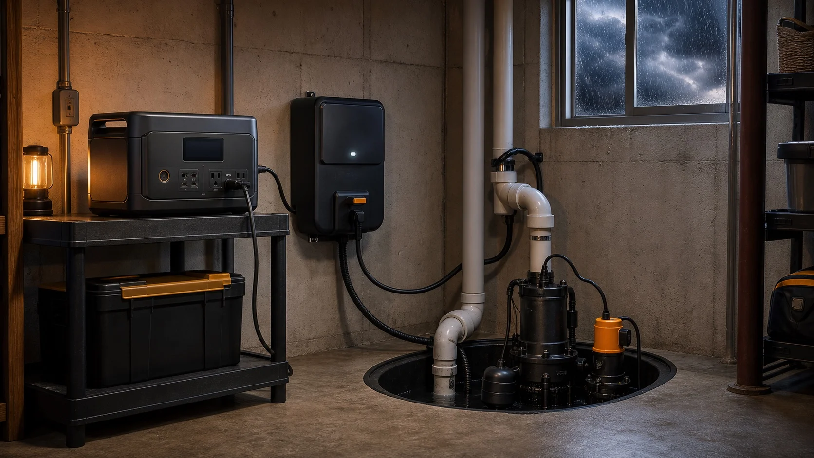 Sump pump connected to backup battery power in a dry basement during a storm