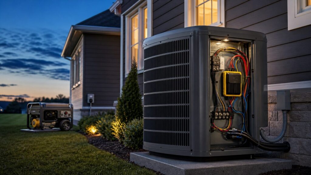 Central air conditioner with a professionally installed soft starter and an outdoor backup generator