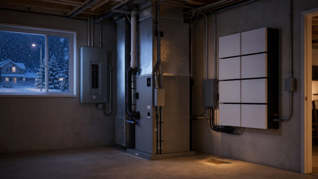Electric furnace and whole-home battery backup system during a snowy winter power outage