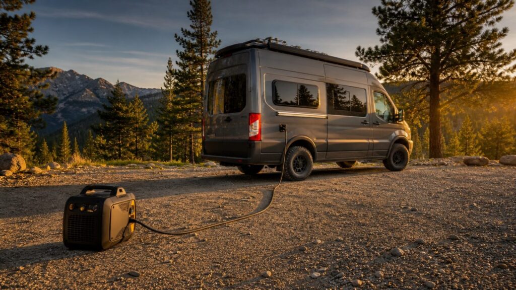 Portable inverter generator safely positioned away from a camper van at a mountain campsite