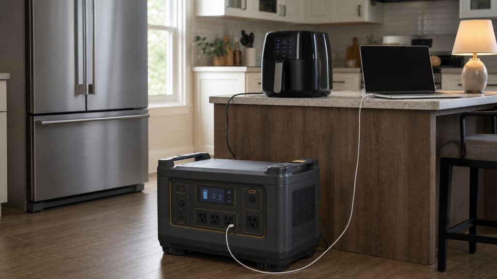 Large portable power station powering an air fryer and laptop beside a refrigerator during an outage