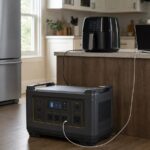 Large portable power station powering an air fryer and laptop beside a refrigerator during an outage