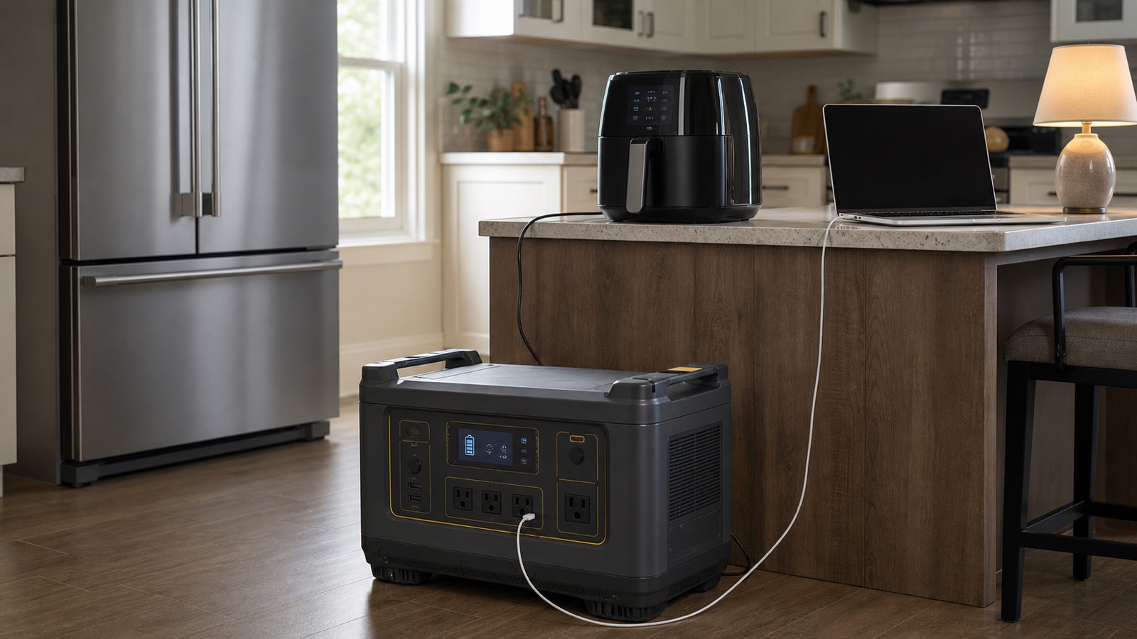 Large portable power station powering an air fryer and laptop beside a refrigerator during an outage