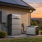 Anker SOLIX E10 battery system and Smart Generator 5500 beside a solar-powered home at sunset