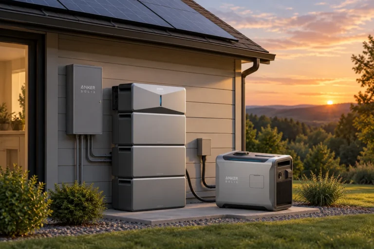 Anker SOLIX E10 battery system and Smart Generator 5500 beside a solar-powered home at sunset