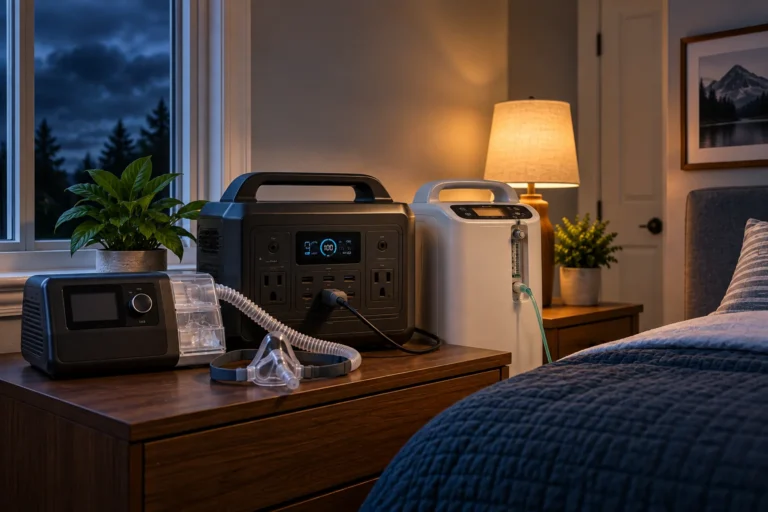 Backup power station connected to a CPAP machine and oxygen concentrator in a bedroom during a nighttime power outage.