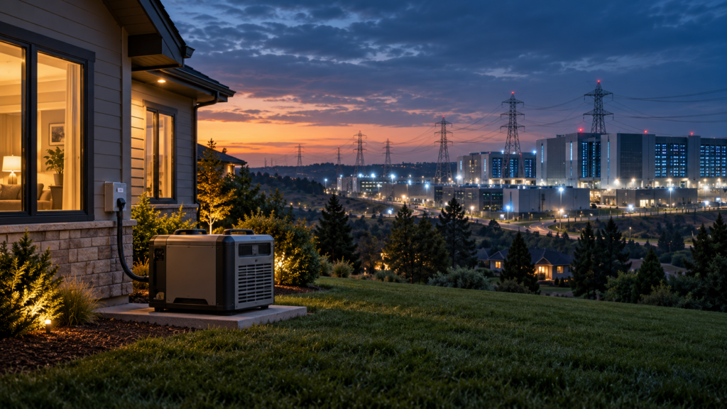 Suburban home with backup power system overlooking a large data center and high-voltage transmission lines at dusk.