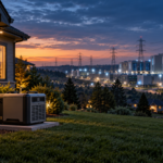 Suburban home with backup power system overlooking a large data center and high-voltage transmission lines at dusk.