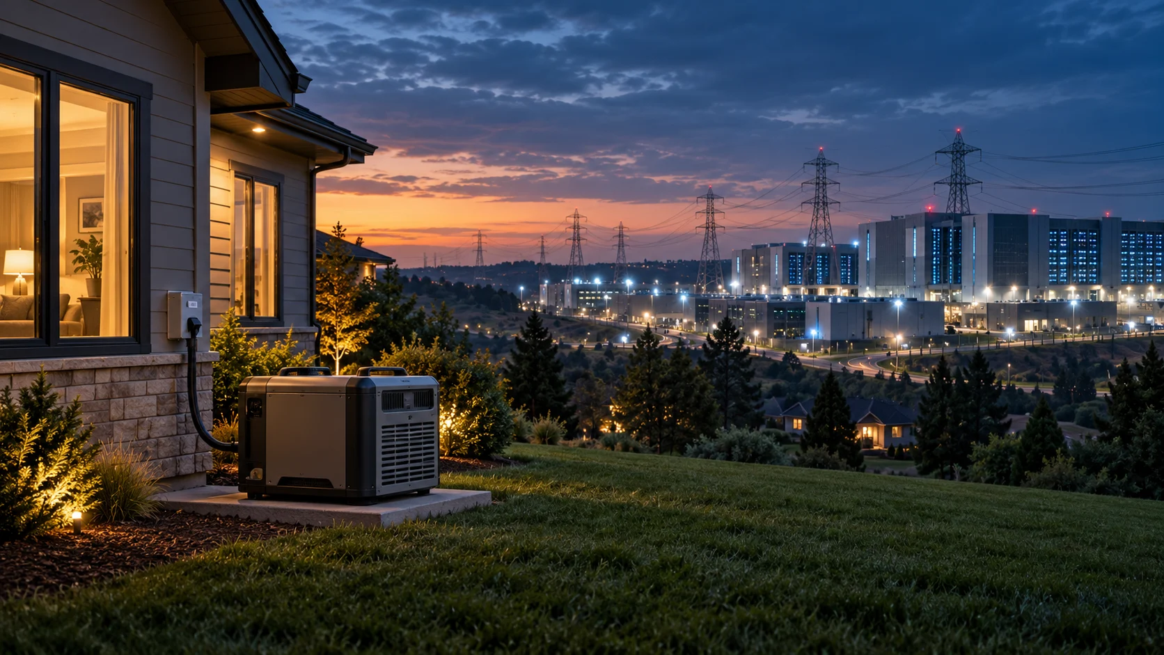 Suburban home with backup power system overlooking a large data center and high-voltage transmission lines at dusk.