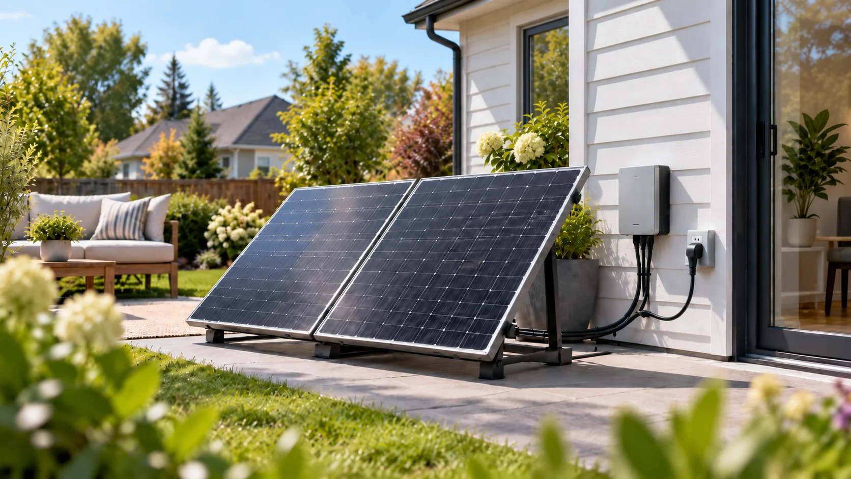 Ground-mounted plug-in solar panels beside a suburban home with an exterior electrical connection.