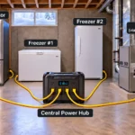 Refrigerator, two freezers, and a furnace connected to a central portable power station for backup power during a winter outage.
