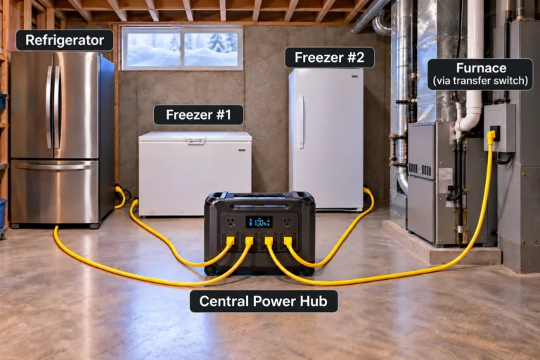 Refrigerator, two freezers, and a furnace connected to a central portable power station for backup power during a winter outage.