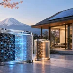 Cutaway sodium-ion battery cells beside a solar-powered home with Mount Fuji in the background.