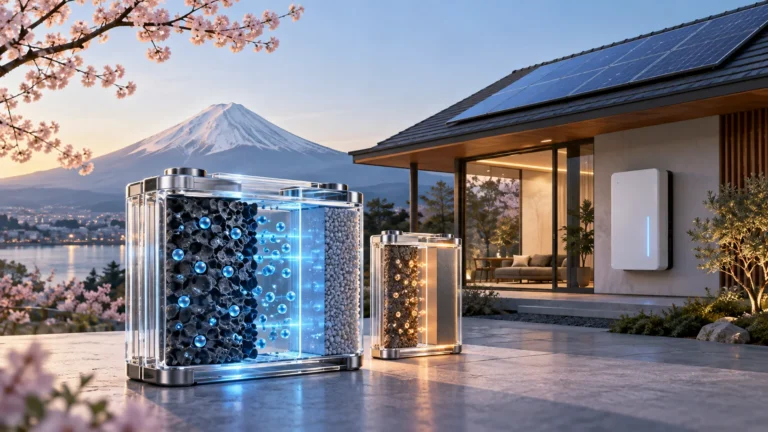 Cutaway sodium-ion battery cells beside a solar-powered home with Mount Fuji in the background.