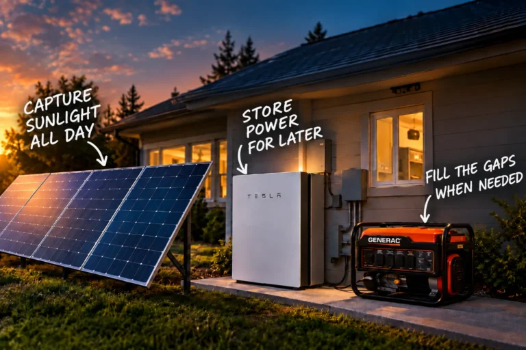 Solar panels, a home battery, and a portable generator beside a house, labeled to show sunlight capture, energy storage, and backup power.