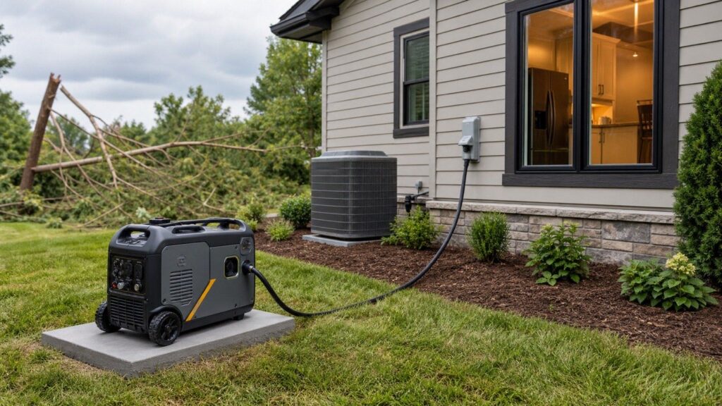 Portable generator connected to a proper exterior inlet with an air conditioner and refrigerator representing startup loads