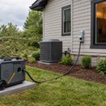 Portable generator connected to a proper exterior inlet with an air conditioner and refrigerator representing startup loads