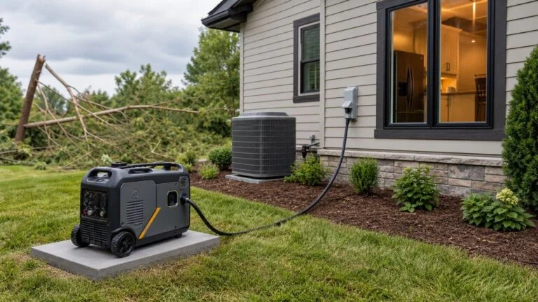 Portable generator connected to a proper exterior inlet with an air conditioner and refrigerator representing startup loads