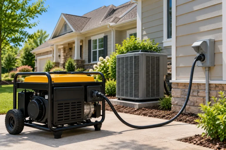 Portable generator powering a home with a central air conditioning condenser through an exterior power inlet