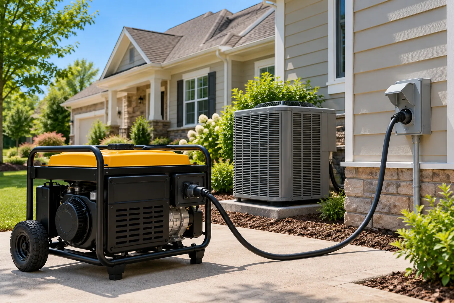 Portable generator powering a home with a central air conditioning condenser through an exterior power inlet
