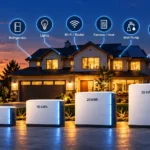 Modern house with four home battery backup systems labeled 5 kWh, 10 kWh, 20 kWh, and 30 kWh, illustrating battery capacity for household appliances.