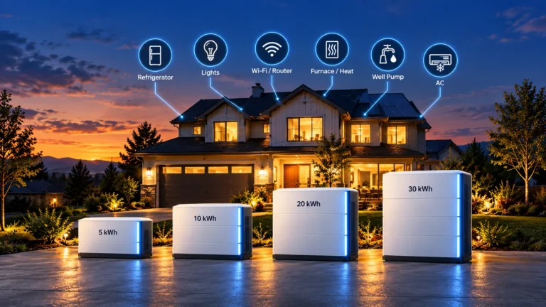 Modern house with four home battery backup systems labeled 5 kWh, 10 kWh, 20 kWh, and 30 kWh, illustrating battery capacity for household appliances.
